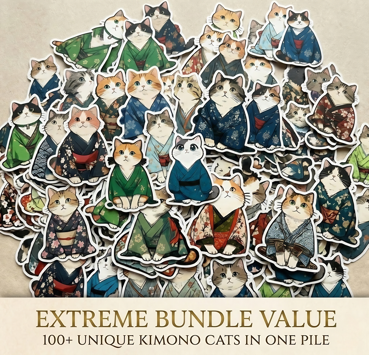 100+ Bundle - Contemplation Cats in Kimonos, Digital Sticker Pack