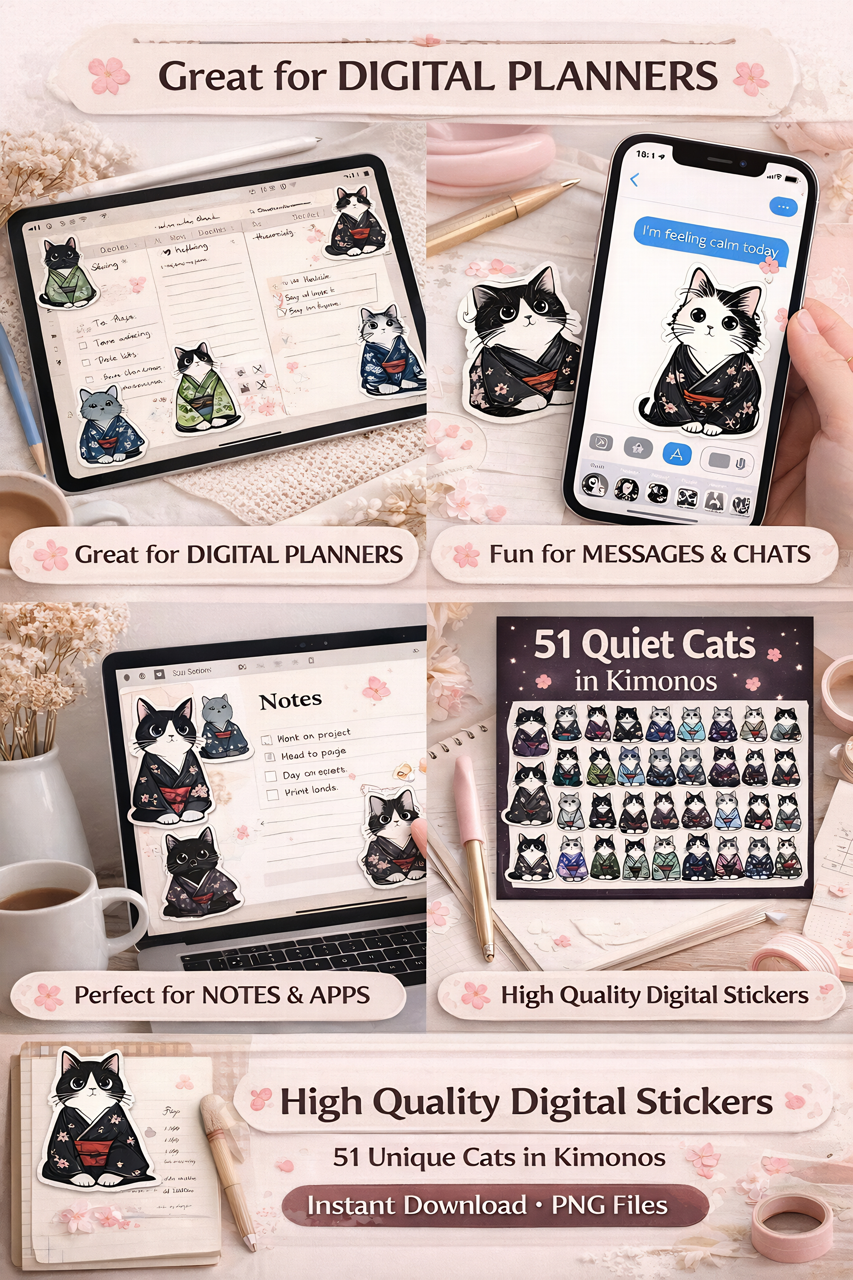 51 Quiet Cats in Kimonos – Digital Sticker Bundle (+ Bonus!)