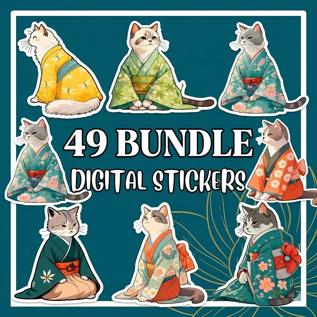 49 Bundle of Kimono Cat Stickers, Japanese Kawaii Clipart, Digital Planner PNG (Digital Download)