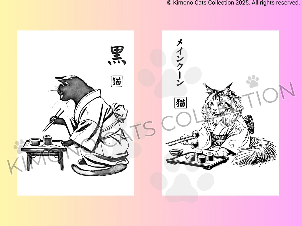 Two illustrations of cats in kimono on a gradient background with 'Kimono Cats Collection' branding.