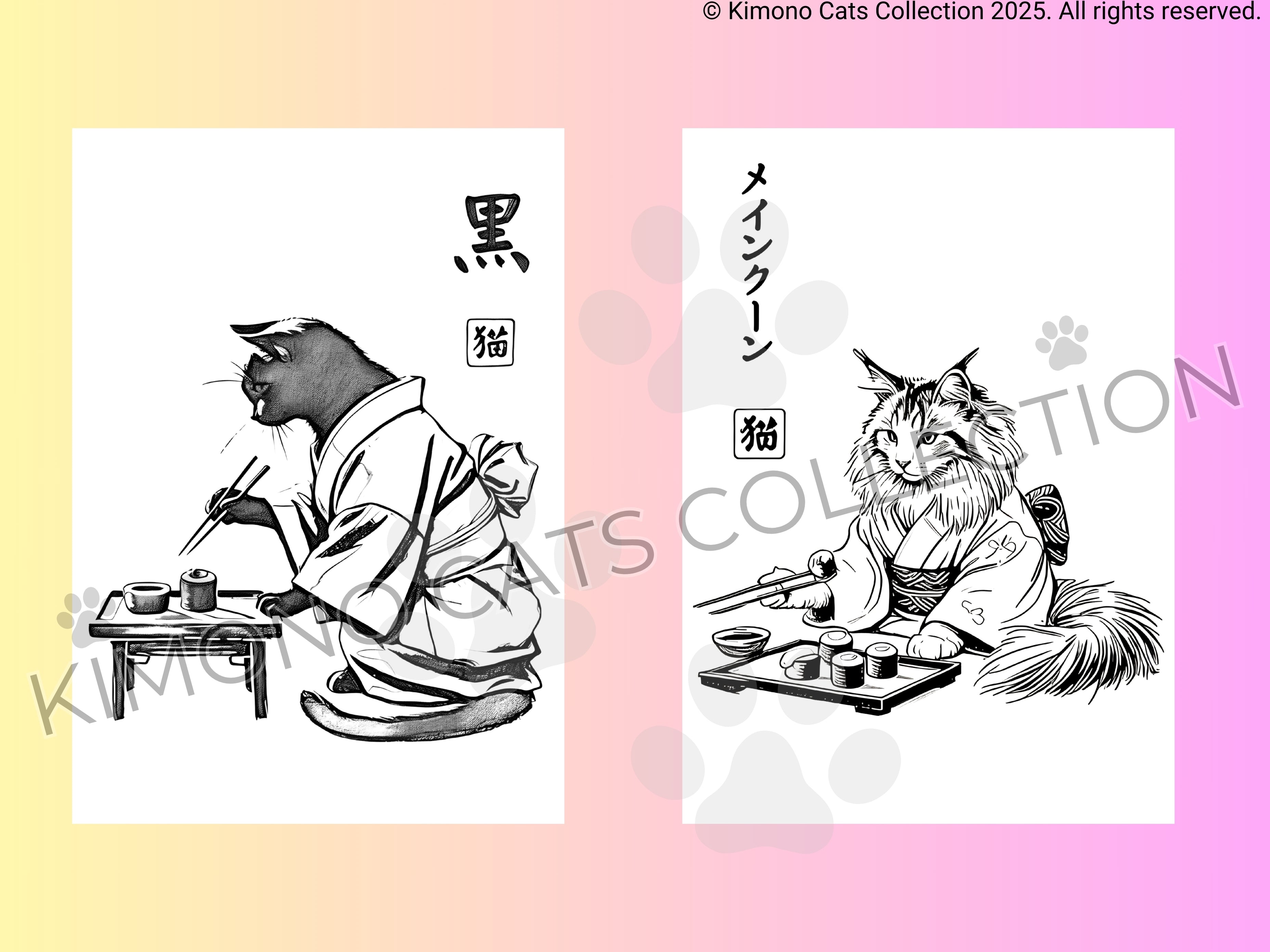 Two illustrations of cats in kimono on a gradient background with 'Kimono Cats Collection' branding.