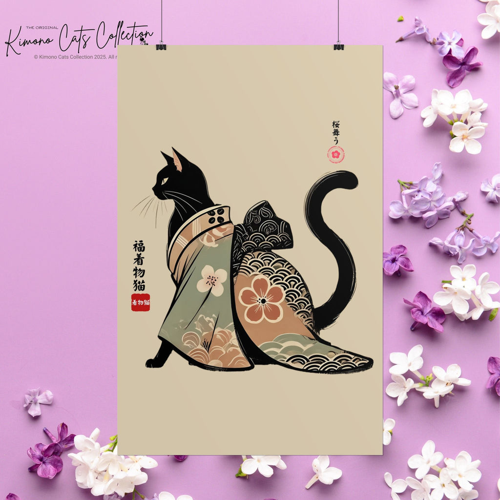Lucky Kimono Cat Wall Art – 福着物猫 | Japanese Sumi-e Print