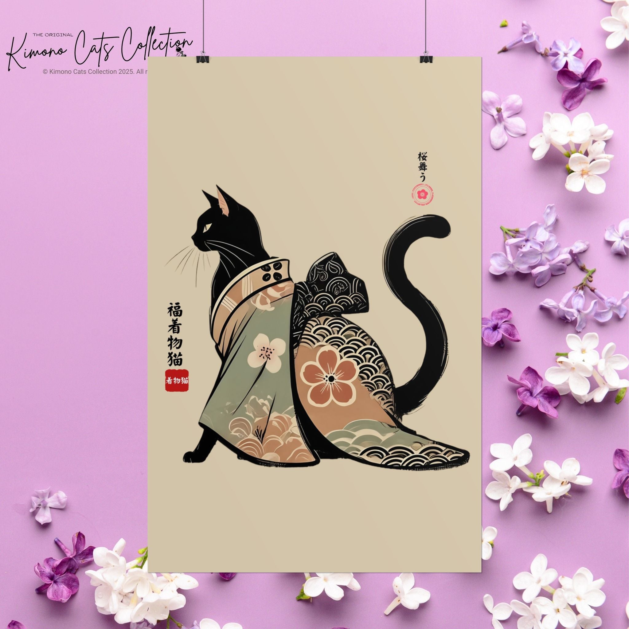 Lucky Kimono Cat Wall Art – 福着物猫 | Japanese Sumi-e Print