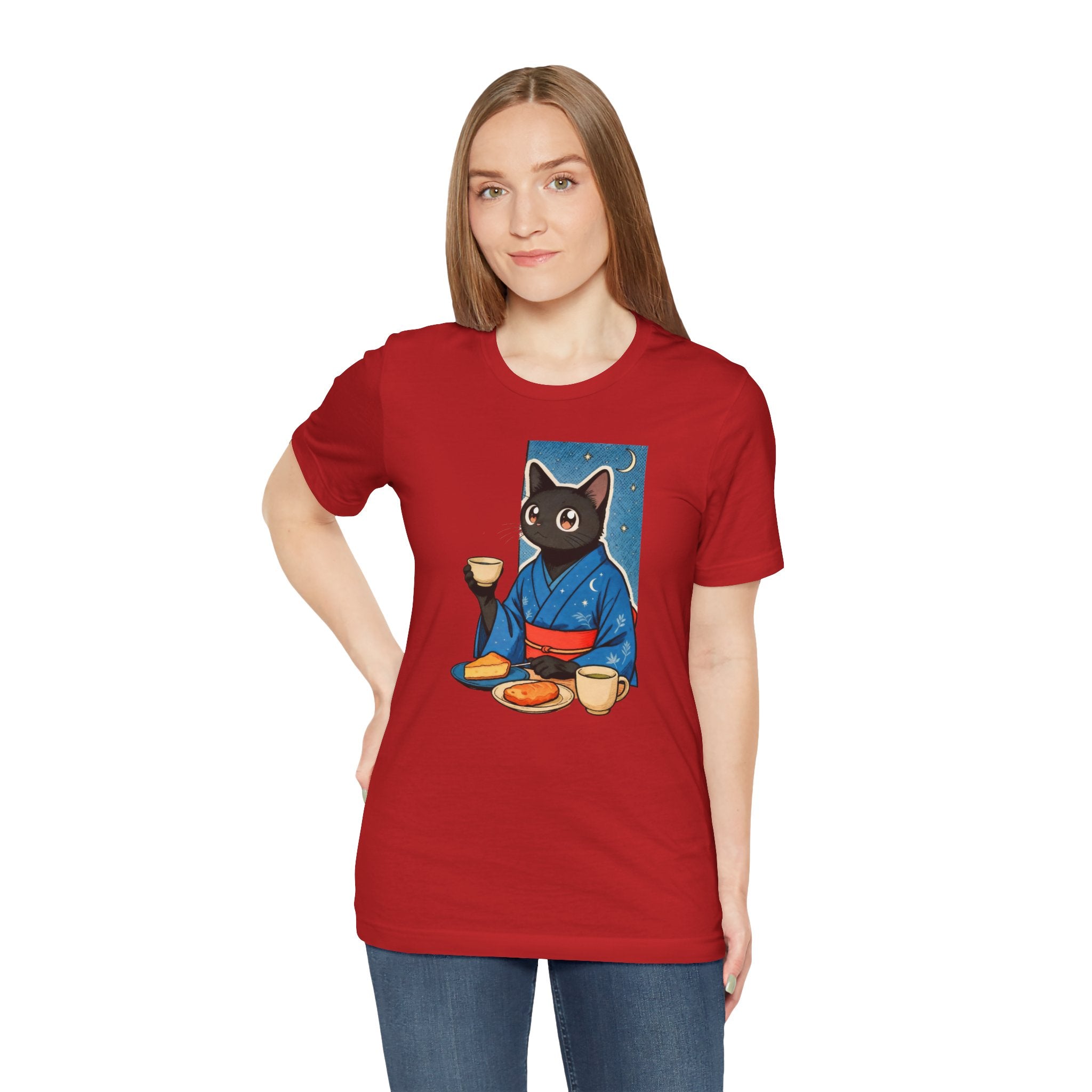 Midnight Tea Cat Shirt - Japanese Kimono Black Cat Tee | Cozy Night Aesthetic