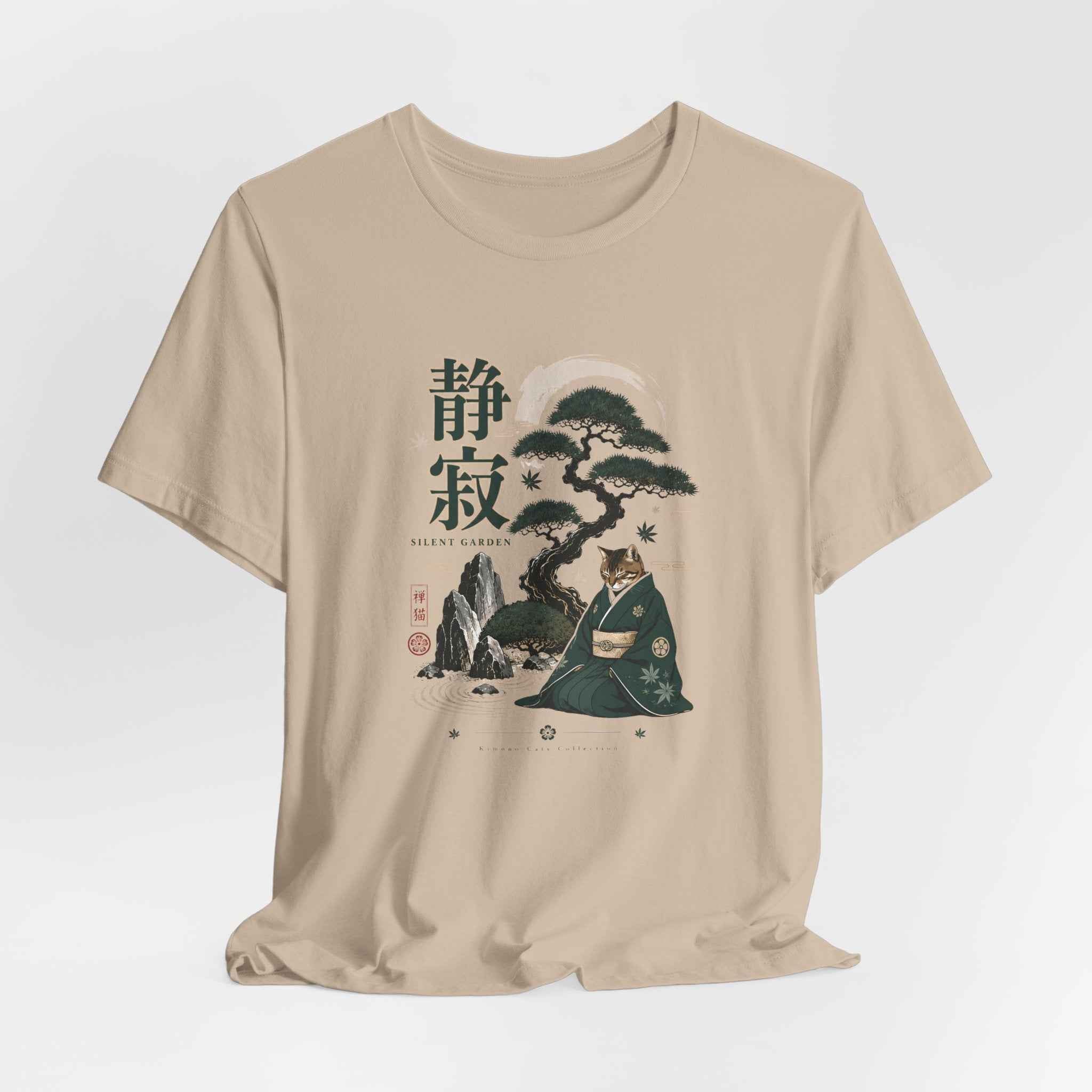 Zen Cat Monk T-Shirt | Japanese Bonsai, Tranquil Kanji Illustration