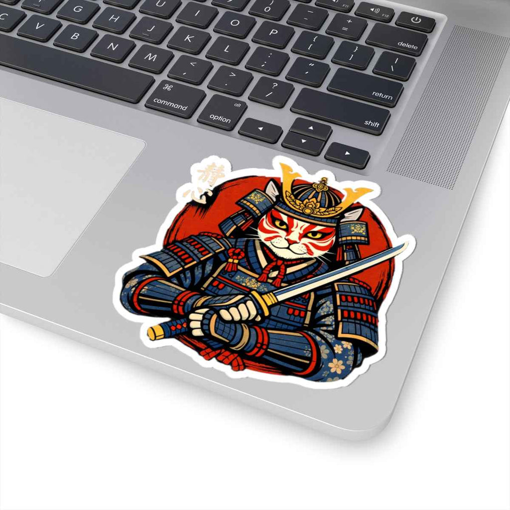 Samurai Cat Illustration Sticker | Kiss-Cut Vinyl Sticker, Anime Warrior Decal