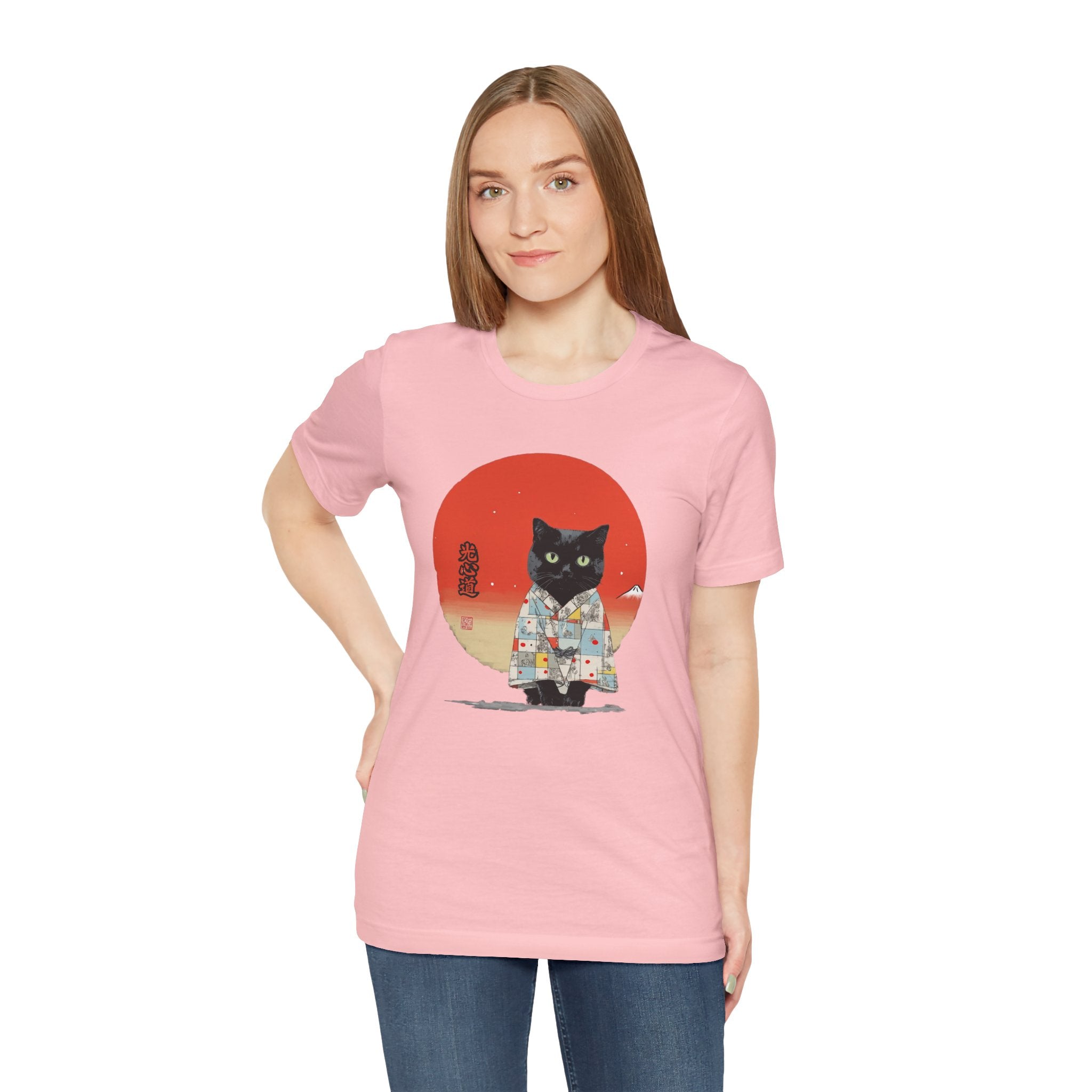 Black Cat Kimono Tee Shirt, Cute Cat Shirt, Unisex T-Shirt, Animal Lovers Gift, Japanese Style Clothing, Unique Cat Fashion