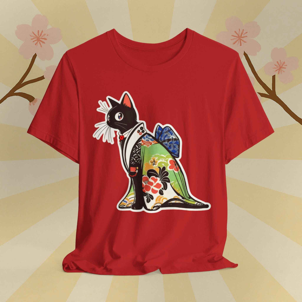 Cat Kimono T‑Shirt — Japanese Floral Black Cat Graphic Tee