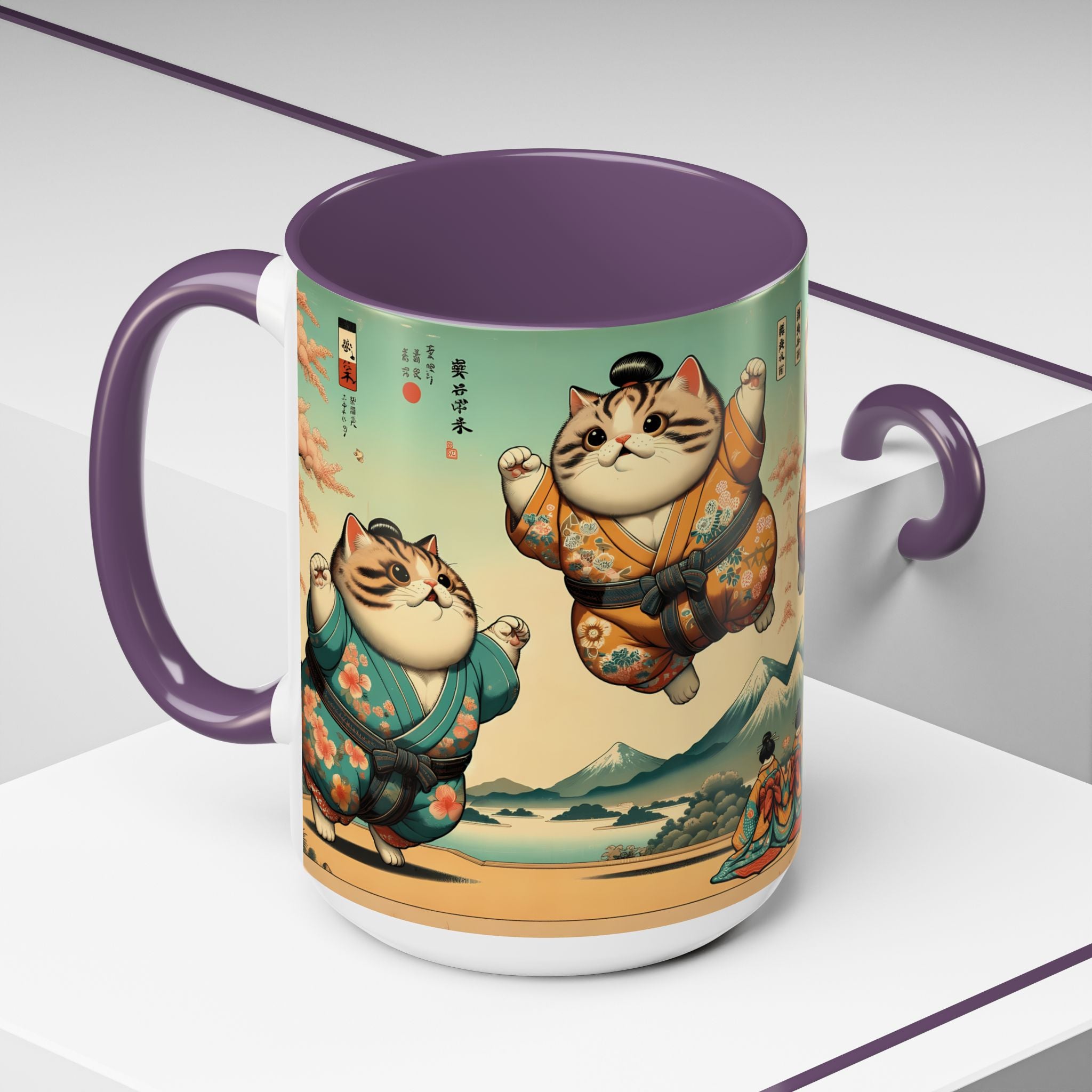 Sumo Cats Mug with Japanese Cherry Blossoms Design - Kimono Cats Collection