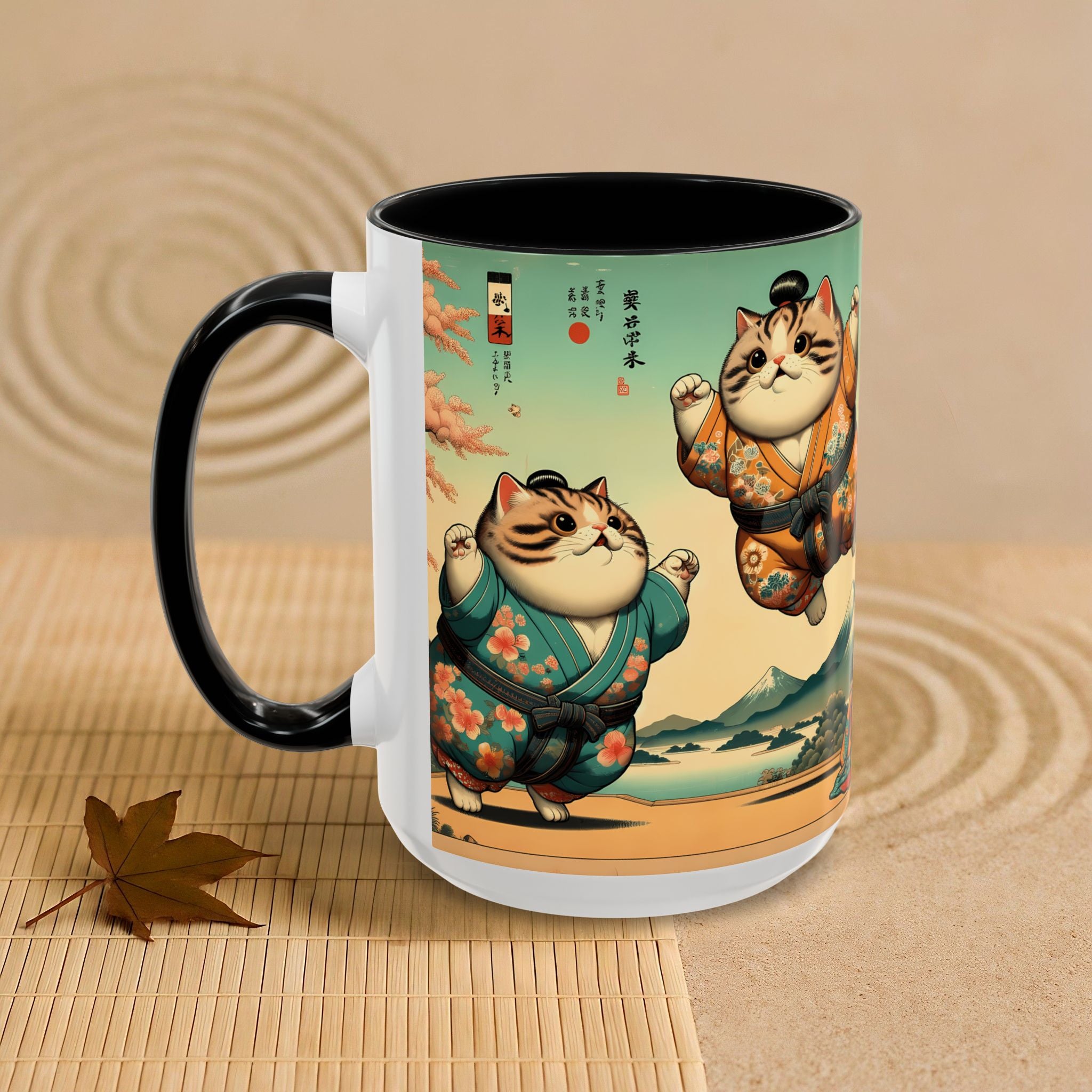 Sumo Cats Mug with Japanese Cherry Blossoms Design - Kimono Cats Collection