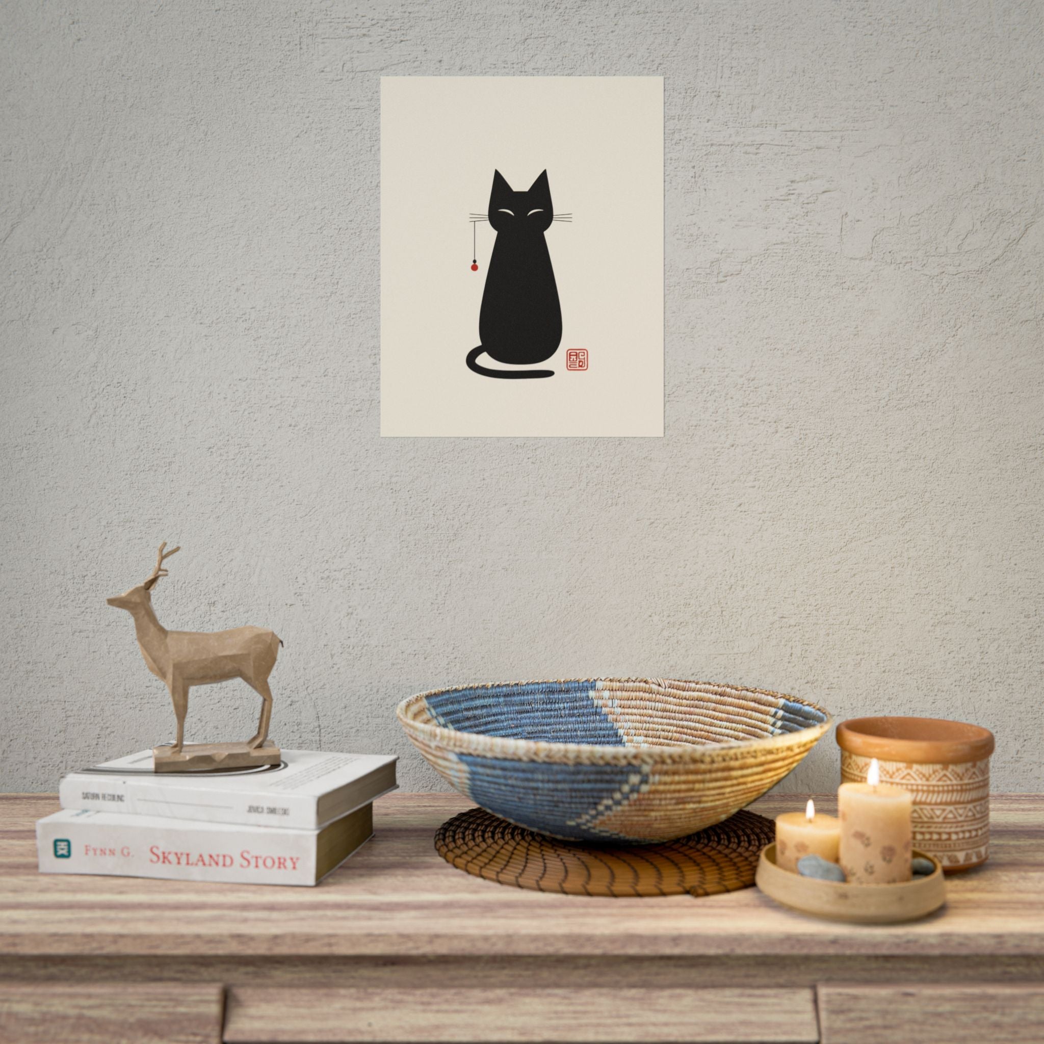 Minimal Black Cat Poster | Rolled Poster, Japanese Ink Style