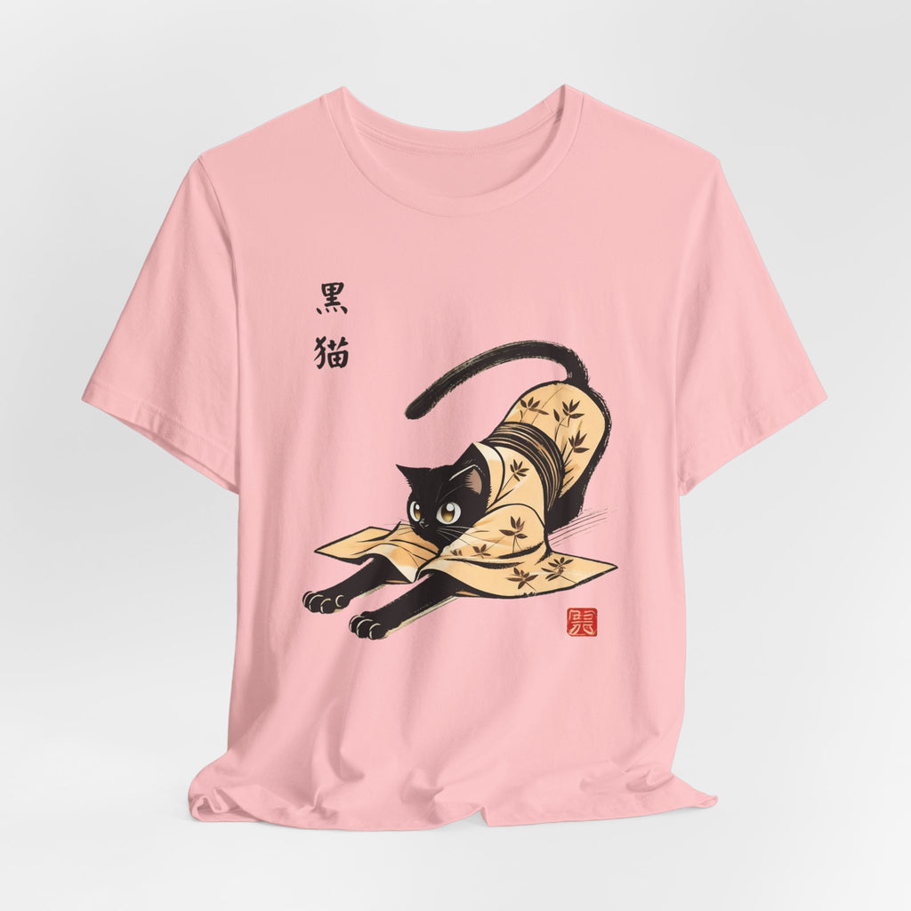 Yoga Black Cat Tee - Japan Kuro Neko in Kimono Design for Kundalini Yoga Enthusiasts - Kimono Cats Collection