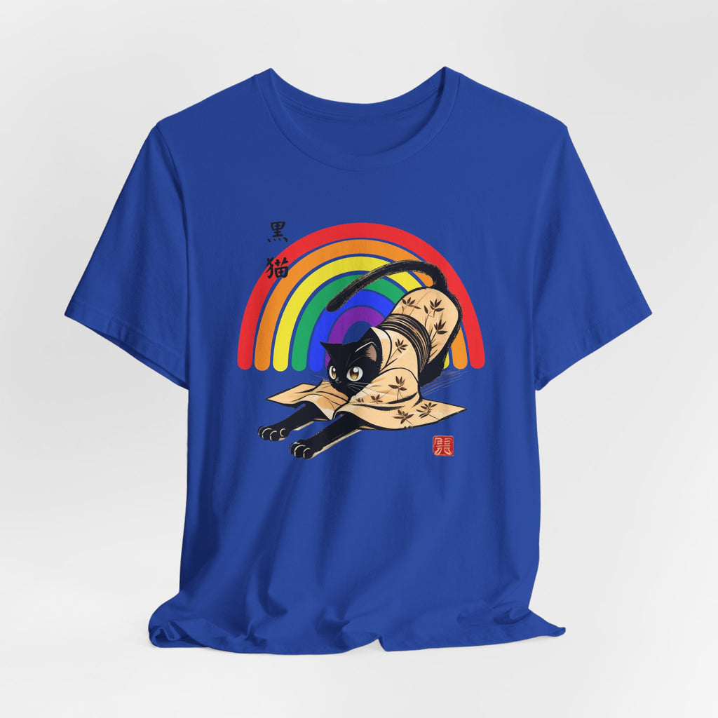 Rainbow Kuro Neko T-Shirt | Yoga Cat Shirt in Black Cat Kimono Design - Kimono Cats Collection
