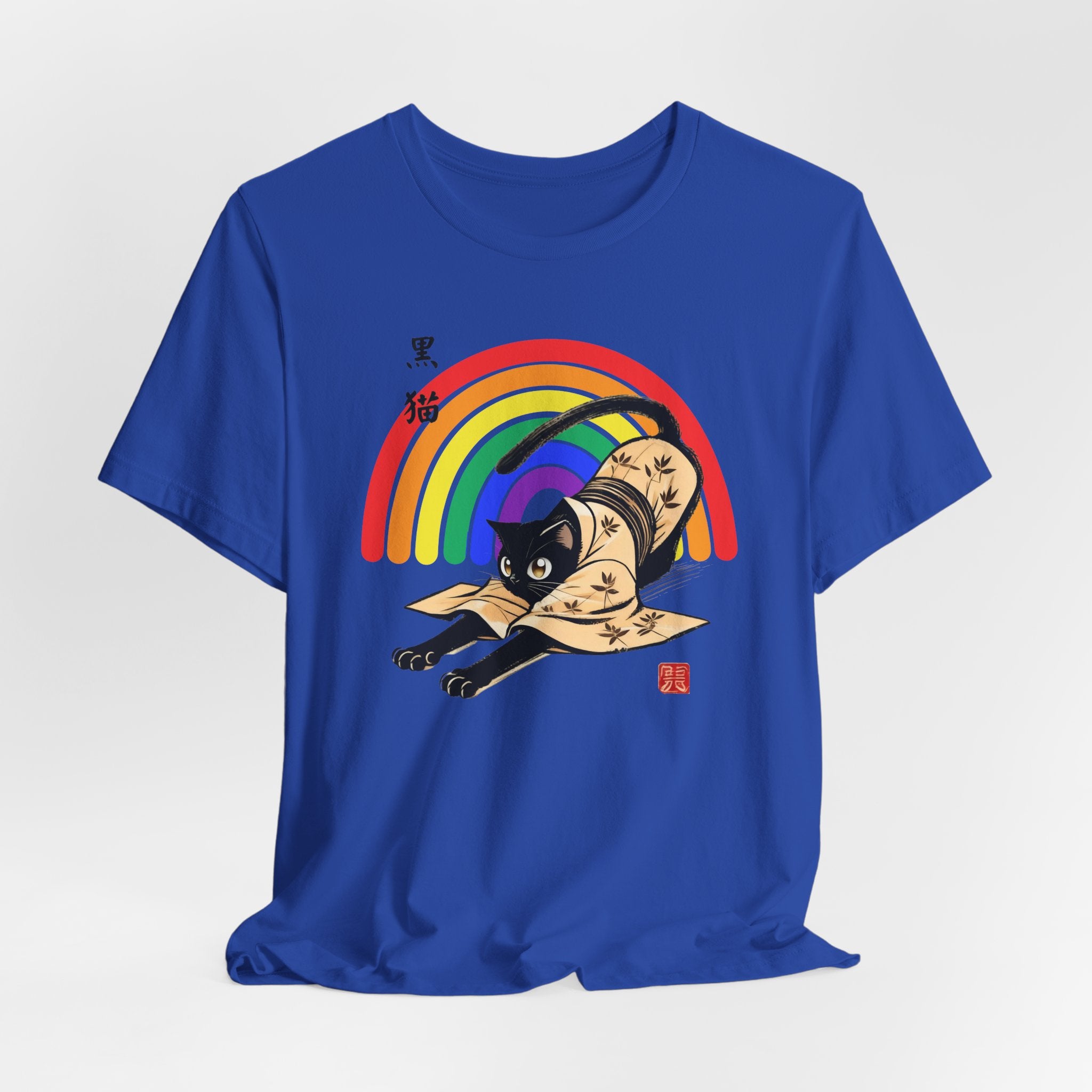 Rainbow Kuro Neko T-Shirt | Yoga Cat Shirt in Black Cat Kimono Design - Kimono Cats Collection