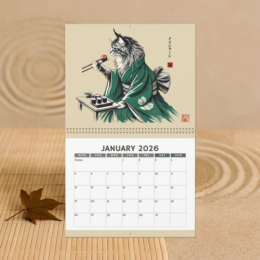 2026 Cats in Kimonos Eating Sushi Calendar - Japan Cat Sumi-e Art, Ukiyo-e Inspired, Vibrant Monthly Wall Decor