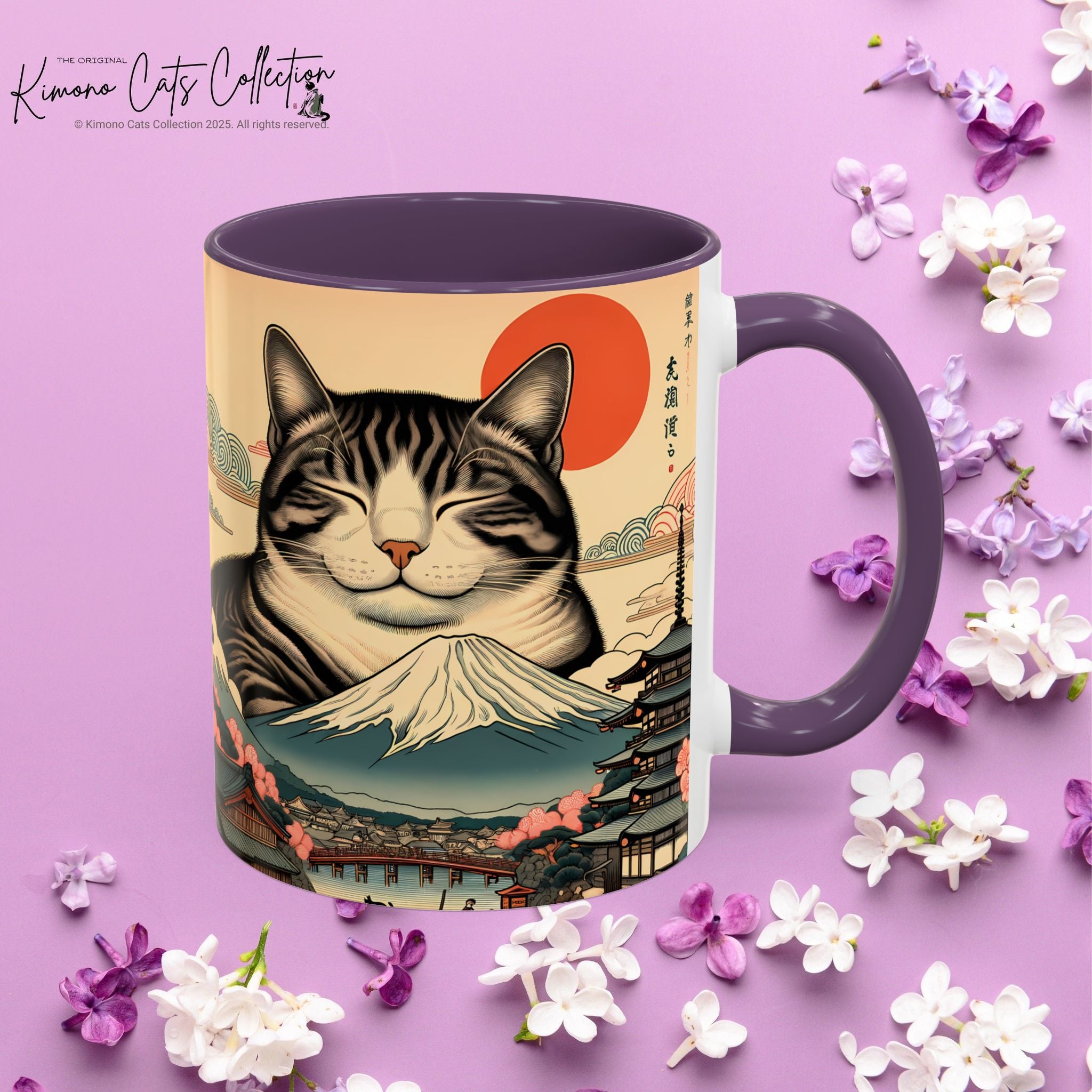 Japanese Fuji Cat Mug - Ukiyo-e Style Gift for Cat Lovers, Pet Mom Coffee Cup, Sleepy Neko Art Design