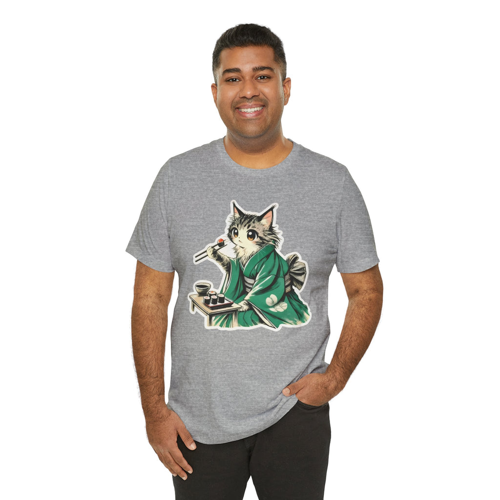 Kat Wearing Kimono T-Shirt - Cute Japanese Cat Illustration Enjoying Sushi - Kimono Cats Collection