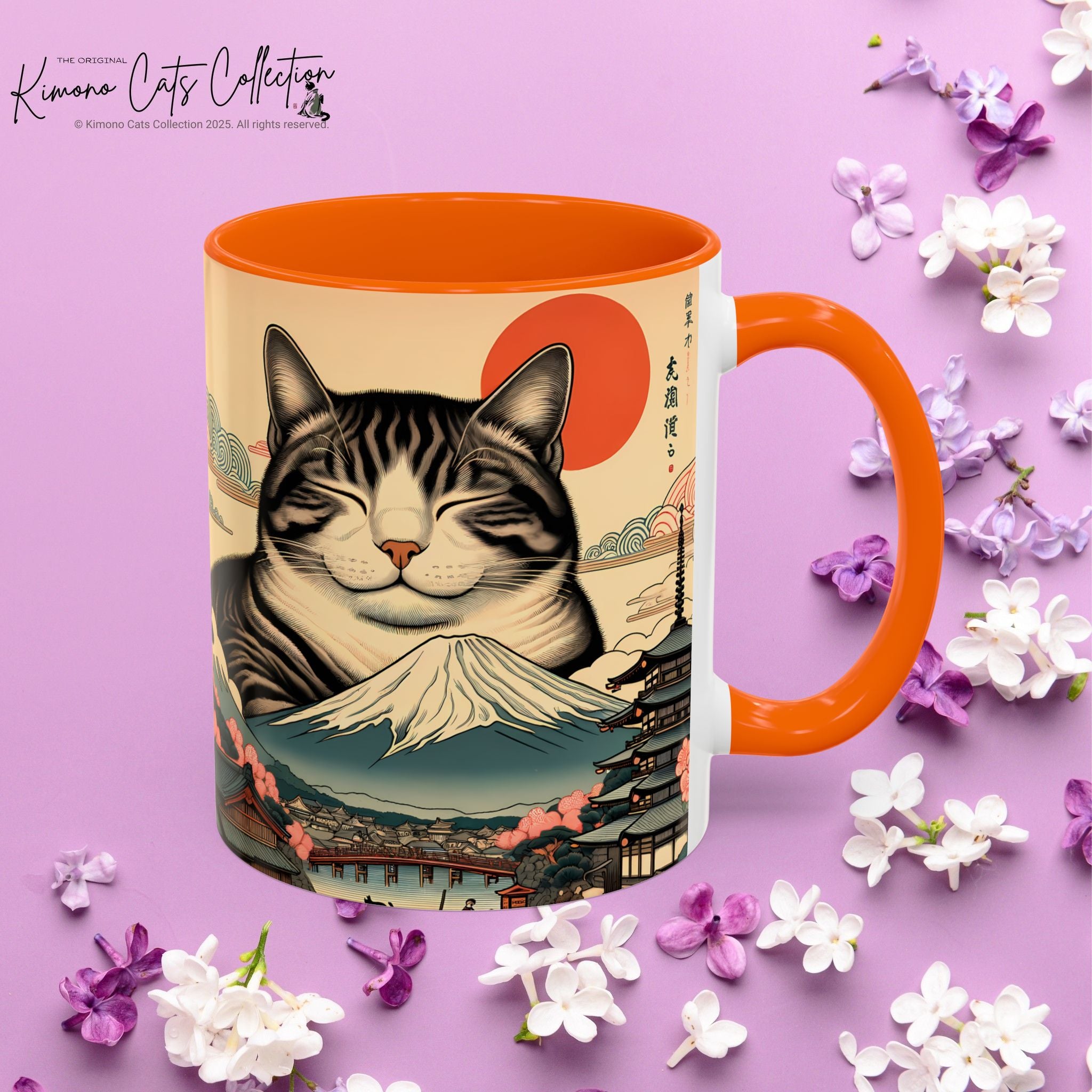 Japanese Fuji Cat Mug - Ukiyo-e Style Gift for Cat Lovers, Pet Mom Coffee Cup, Sleepy Neko Art Design