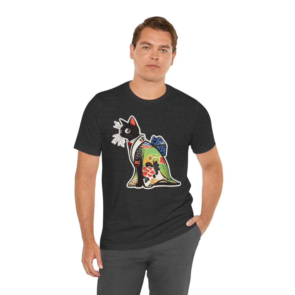 Cat Kimono T‑Shirt — Japanese Floral Black Cat Graphic Tee