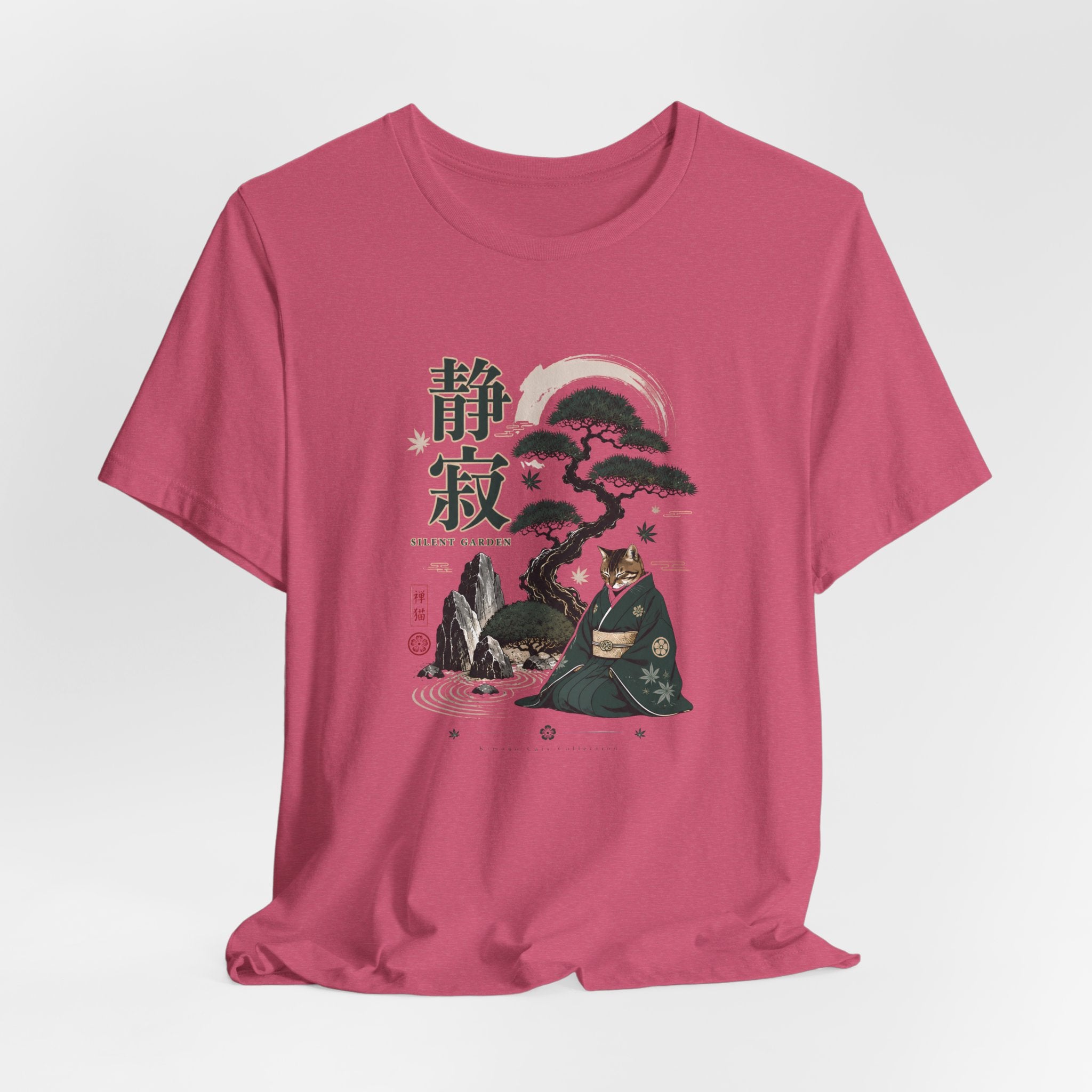 Zen Cat Monk T-Shirt | Japanese Bonsai, Tranquil Kanji Illustration