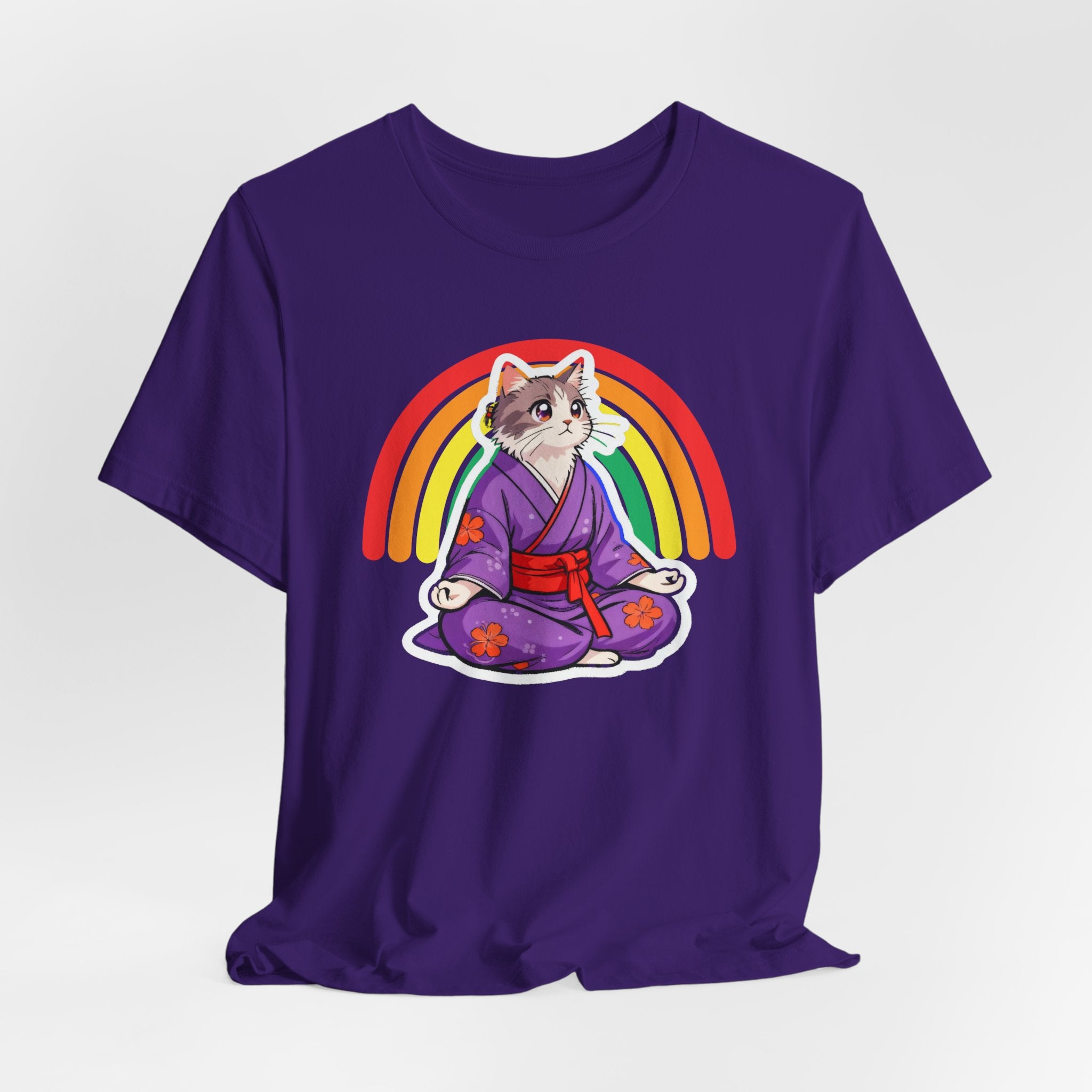 Rainbow Zen Cat Tee | Japanese Meditation Neko Kimono Shirt - Kimono Cats Collection