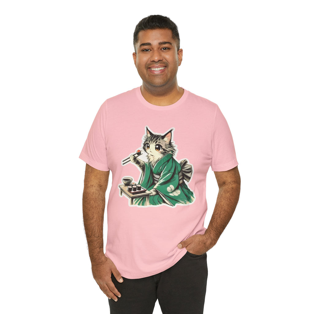 Kat Wearing Kimono T-Shirt - Cute Japanese Cat Illustration Enjoying Sushi - Kimono Cats Collection