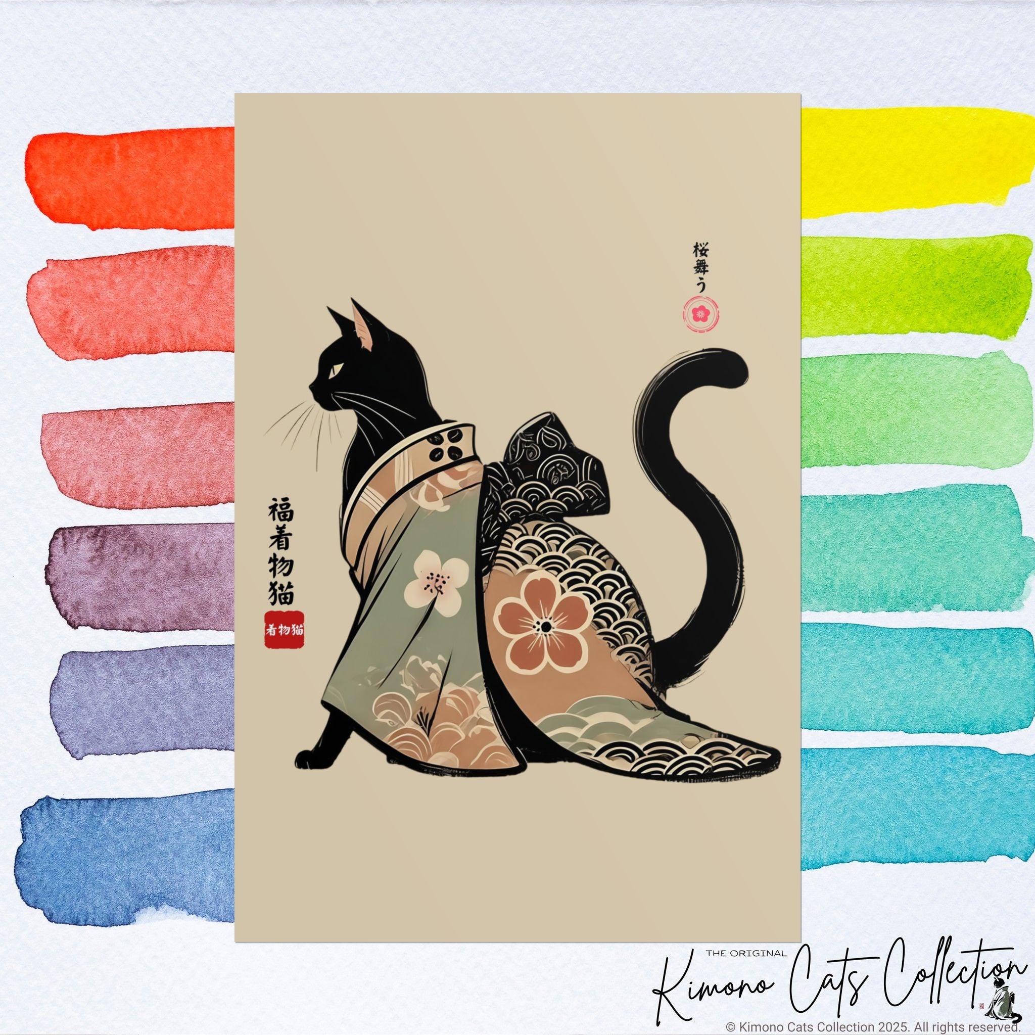 Lucky Kimono Cat Wall Art – 福着物猫 | Japanese Sumi-e Print