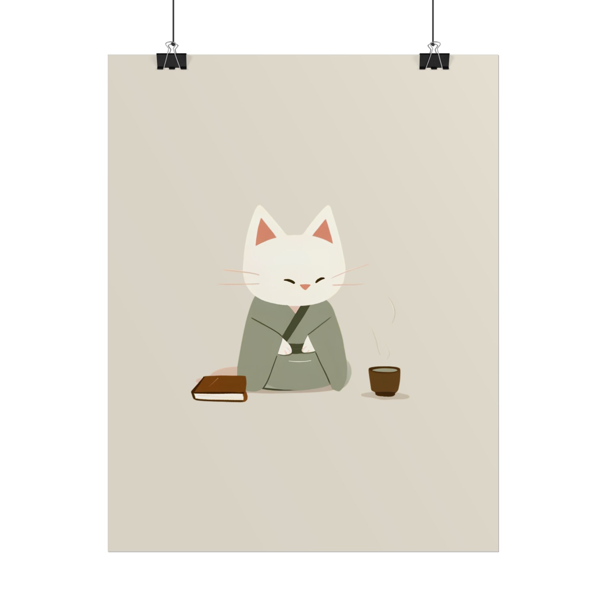 Zen Cat Poster – Minimalist Japanese Tea & Book Wall Art