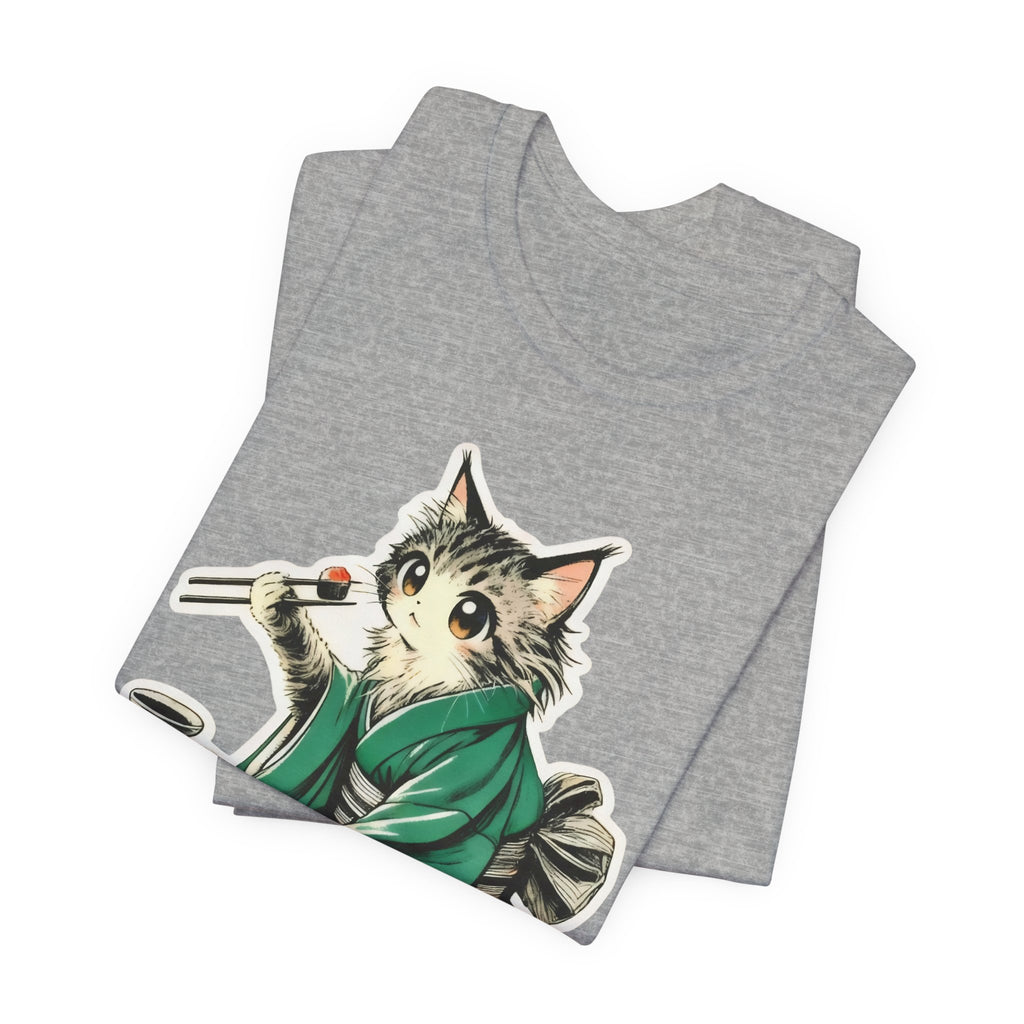 Kat Wearing Kimono Eating Sushi T-Shirt | Cute Japanese Cat Illustration