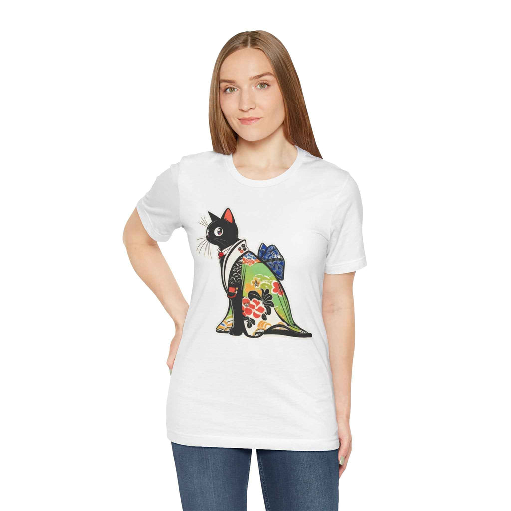 Cat Kimono T‑Shirt — Japanese Floral Black Cat Graphic Tee