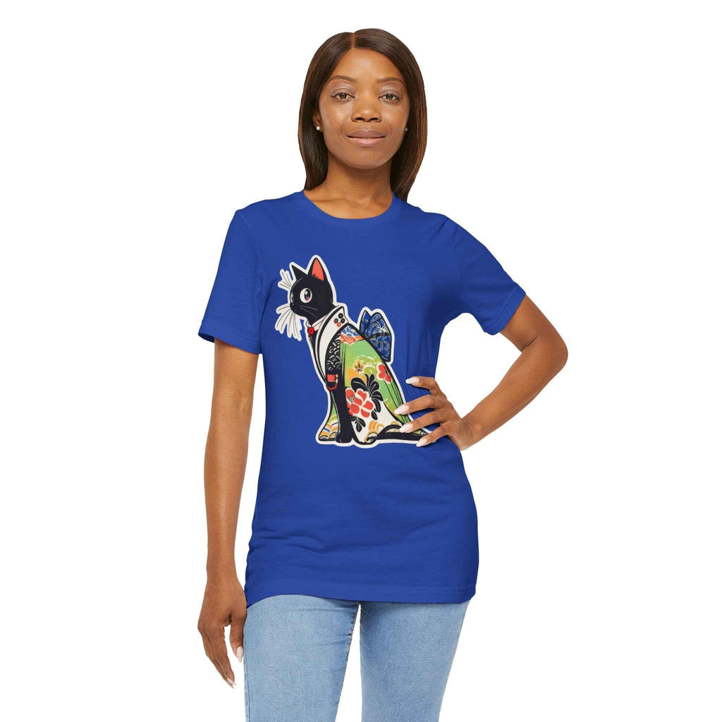 Cat Kimono T‑Shirt — Japanese Floral Black Cat Graphic Tee