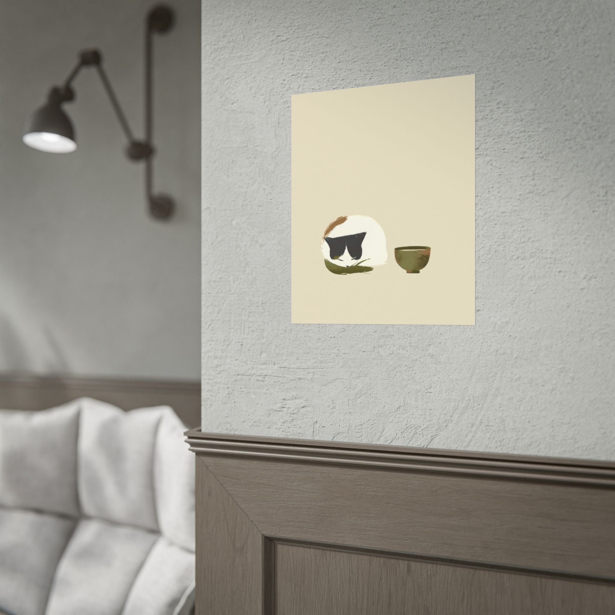Minimal Cat and Tea Poster — Cute Calico Cat with Tea Cup Wall Art