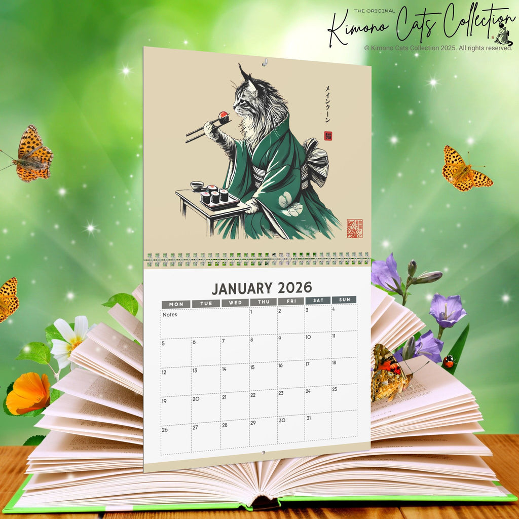 2026 Cats in Kimonos Eating Sushi Calendar - Japan Cat Sumi-e Art