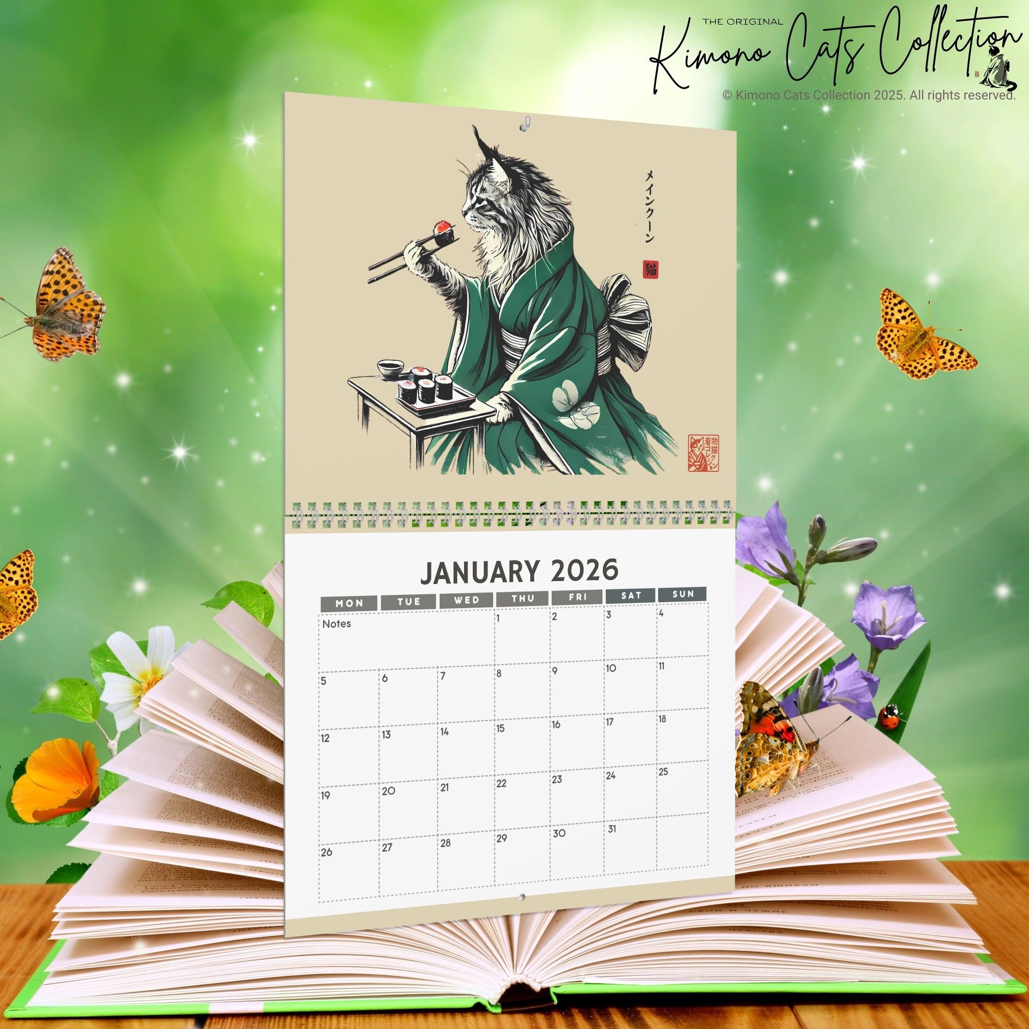 2026 Cats in Kimonos Eating Sushi Calendar - Japan Cat Sumi-e Art