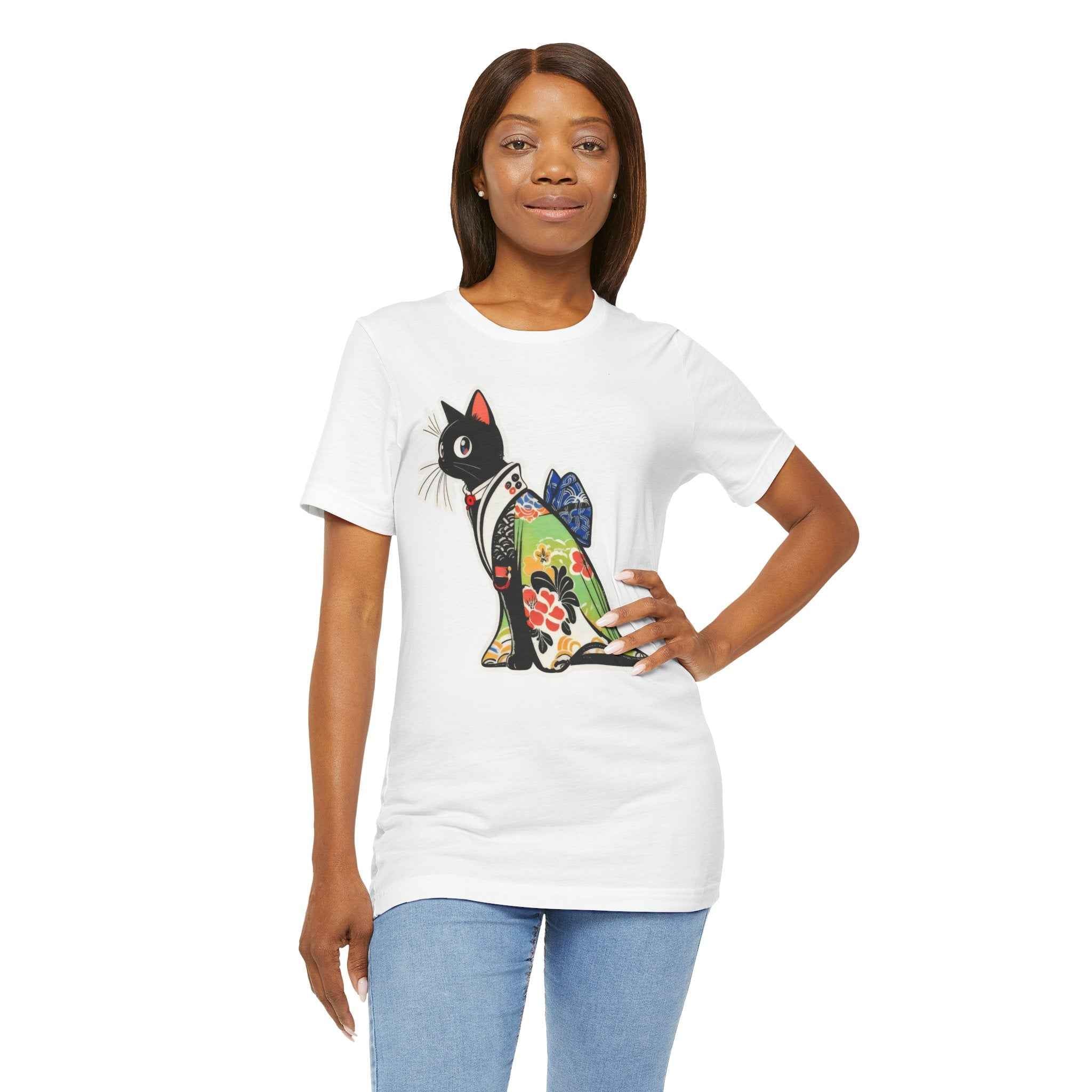 Cat Kimono T‑Shirt — Japanese Floral Black Cat Graphic Tee