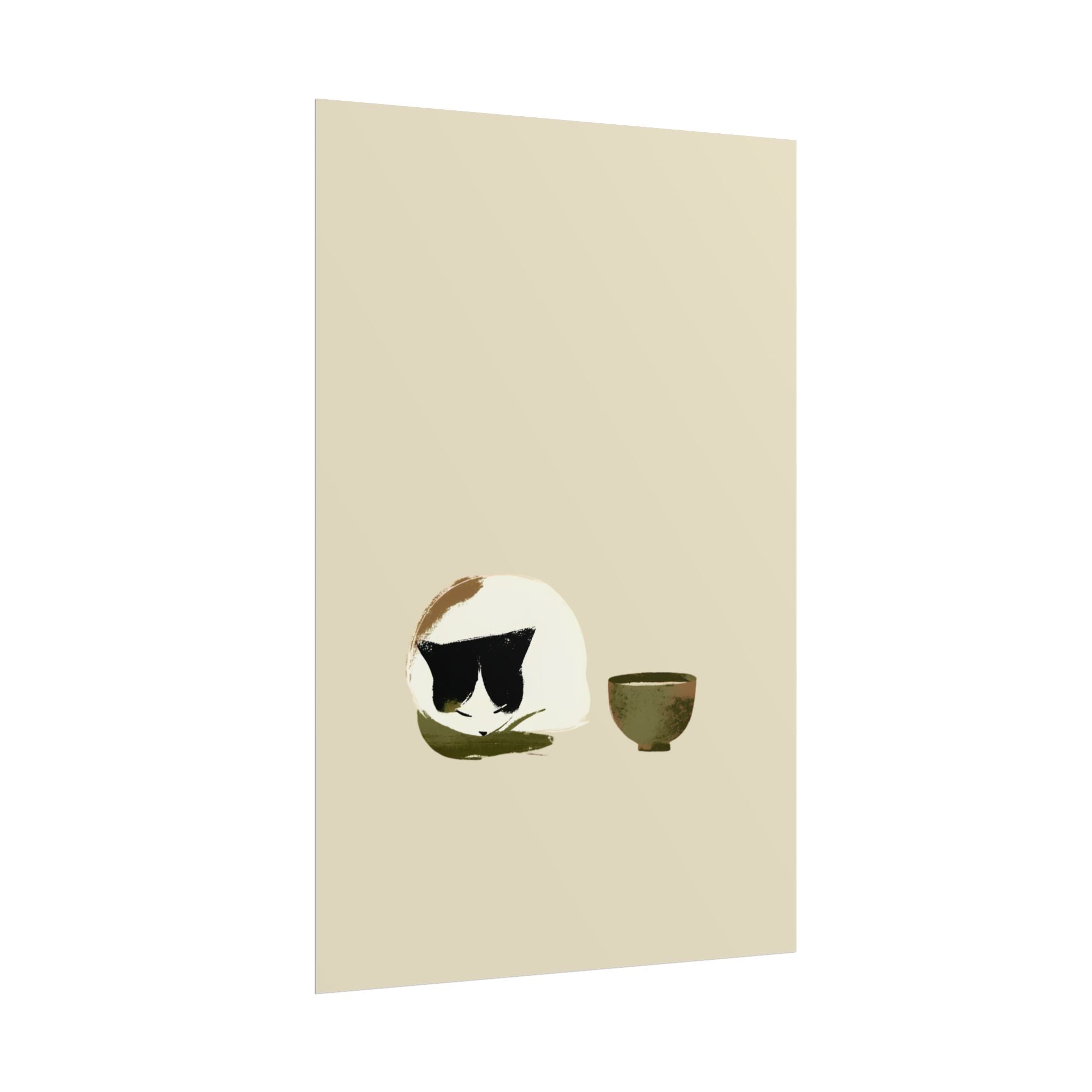 Minimal Cat and Tea Poster — Cute Calico Cat with Tea Cup Wall Art