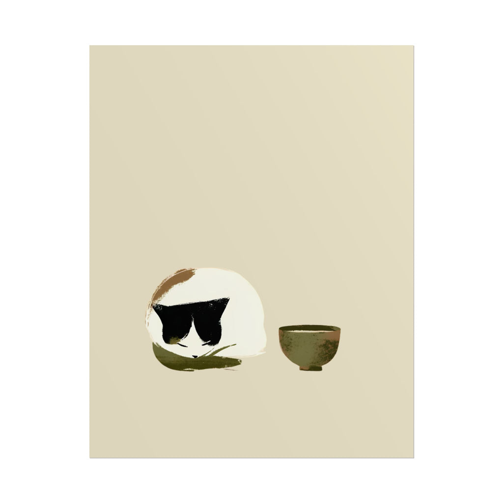 Minimal Cat and Tea Poster — Cute Calico Cat with Tea Cup Wall Art