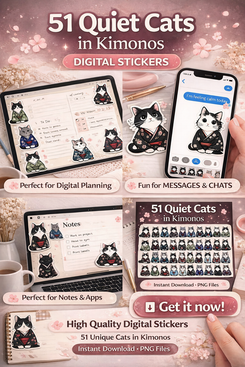 51 Quiet Cats in Kimonos – Digital Sticker Bundle (+ Bonus!)