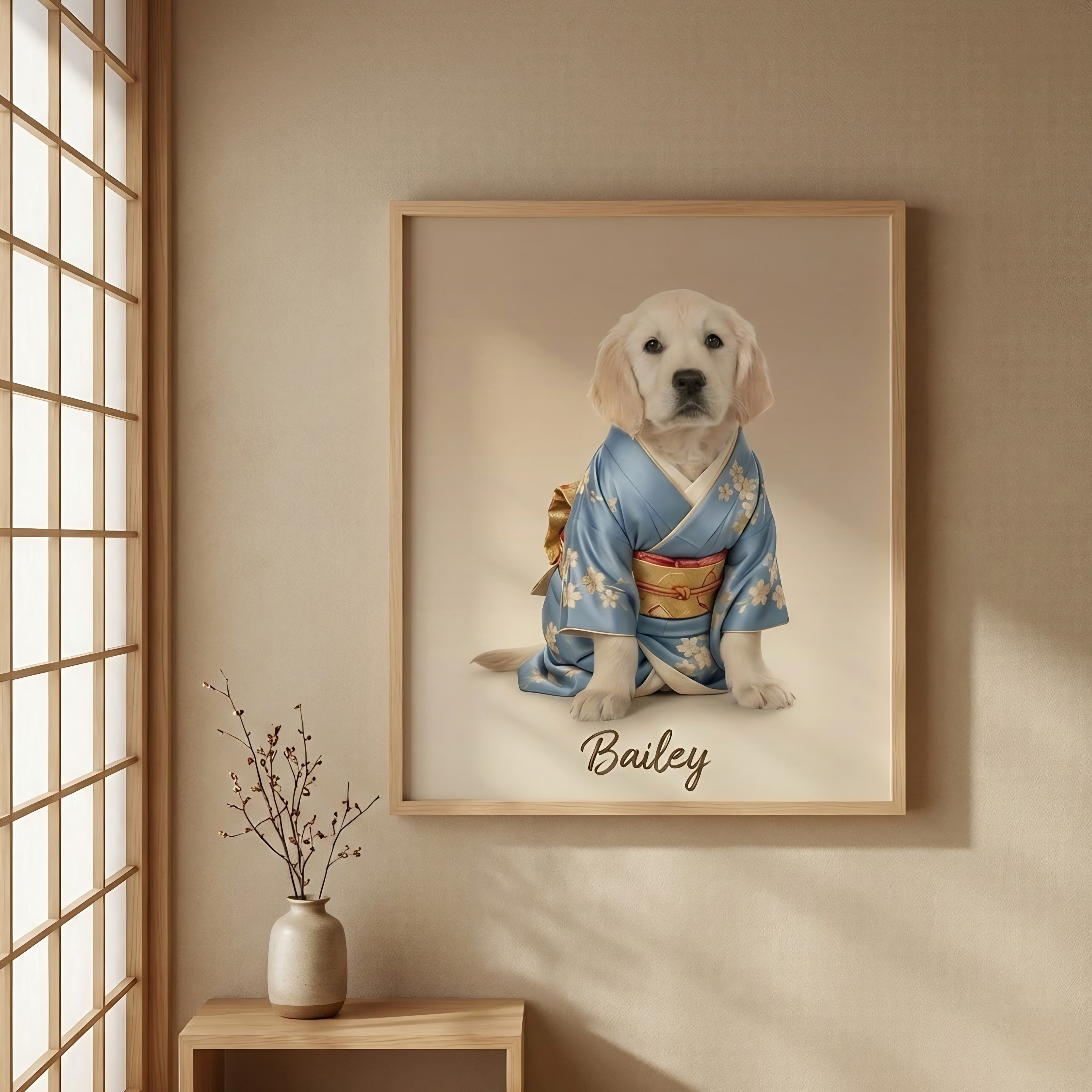 Framed artwork of a dog named 'Bailey' wearing a blue kimono on a beige wall.
