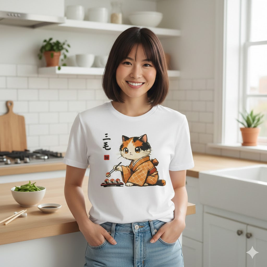 Person wearing a white t-shirt with a cat graphic in a kitchen
