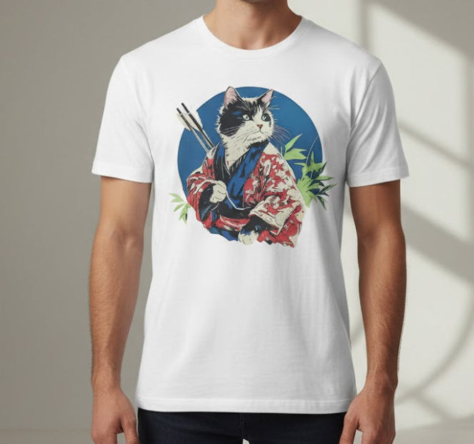 Man wearing a white t-shirt with a cat graphic design in a studio setting