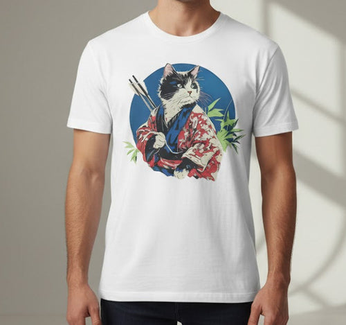 Man wearing a white t-shirt with a cat graphic design in a studio setting