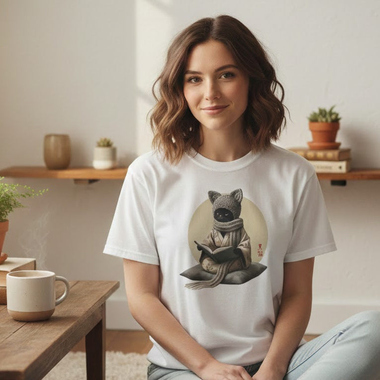 Woman wearing a white t-shirt with a raccoon graphic in a cozy living room.