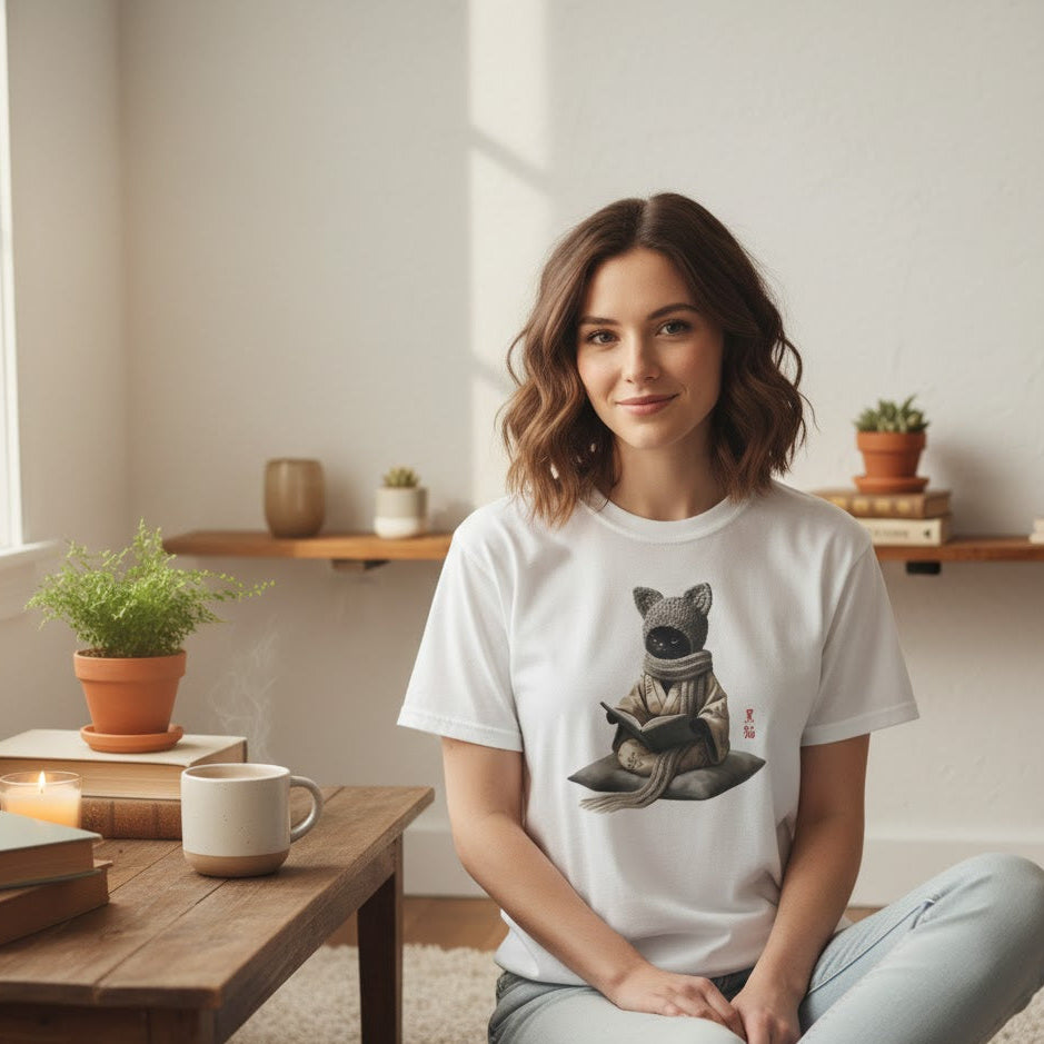 Woman wearing a white t-shirt with a graphic design, sitting in a cozy room with a wooden table and plants.