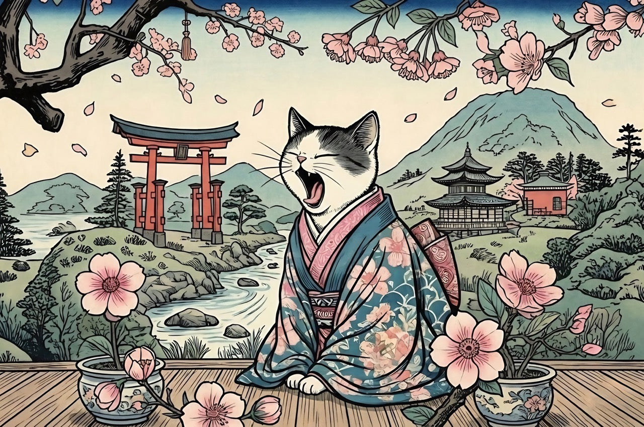Cat in a kimono yawning with cherry blossoms and a torii gate in the background
