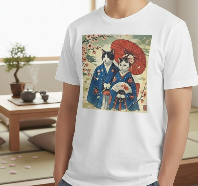 Person wearing a white t-shirt with a graphic of two cats in traditional Japanese clothing in a room with tatami mats.