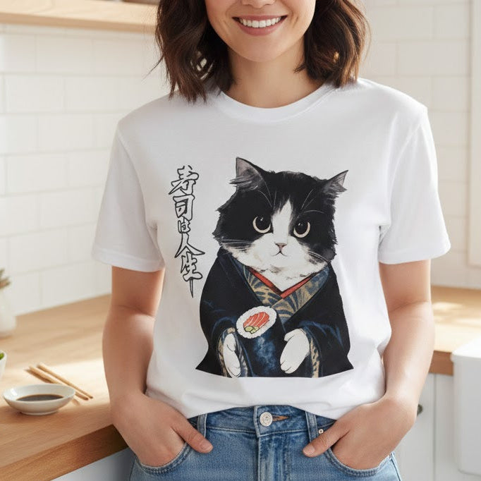 Woman wearing a white t-shirt with a cat graphic in a kitchen