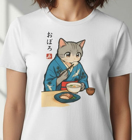 Woman wearing a white t-shirt with a graphic design of a cat in a kimono.