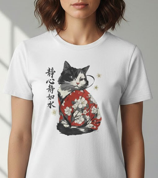 Woman wearing a white t-shirt with a cat design and text in a minimal indoor setting