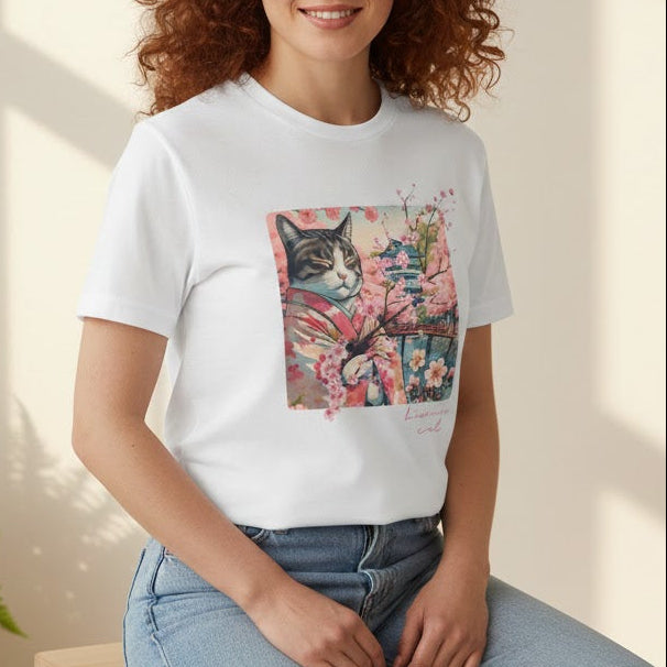 Woman wearing a white t-shirt with a cat graphic sitting in a bright room.